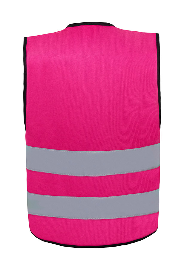 Young smiling girl in signal yellow Korntex safety vest with reflective stripes and zip fastener standing in the park
