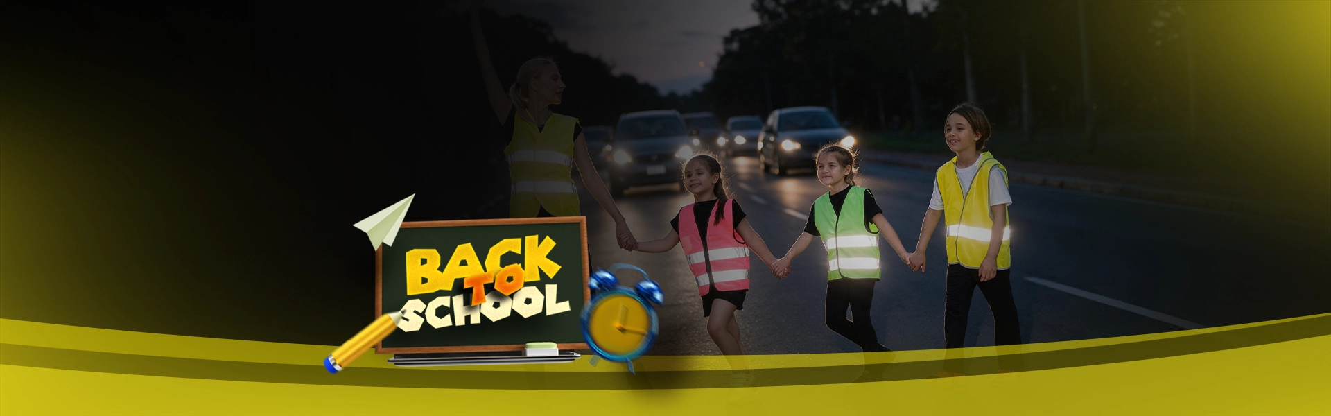 Schulweg, Sicherheitsweste, Reflektierend, Kindergruppe, Auto-Licht