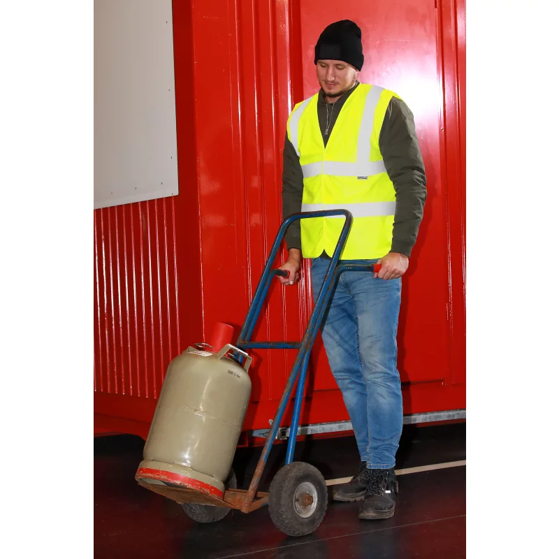 Hochsichtbare Weste, Sicherheitskleidung, Gasflasche, Schleppevorrichtung, Arbeitsstiefel
