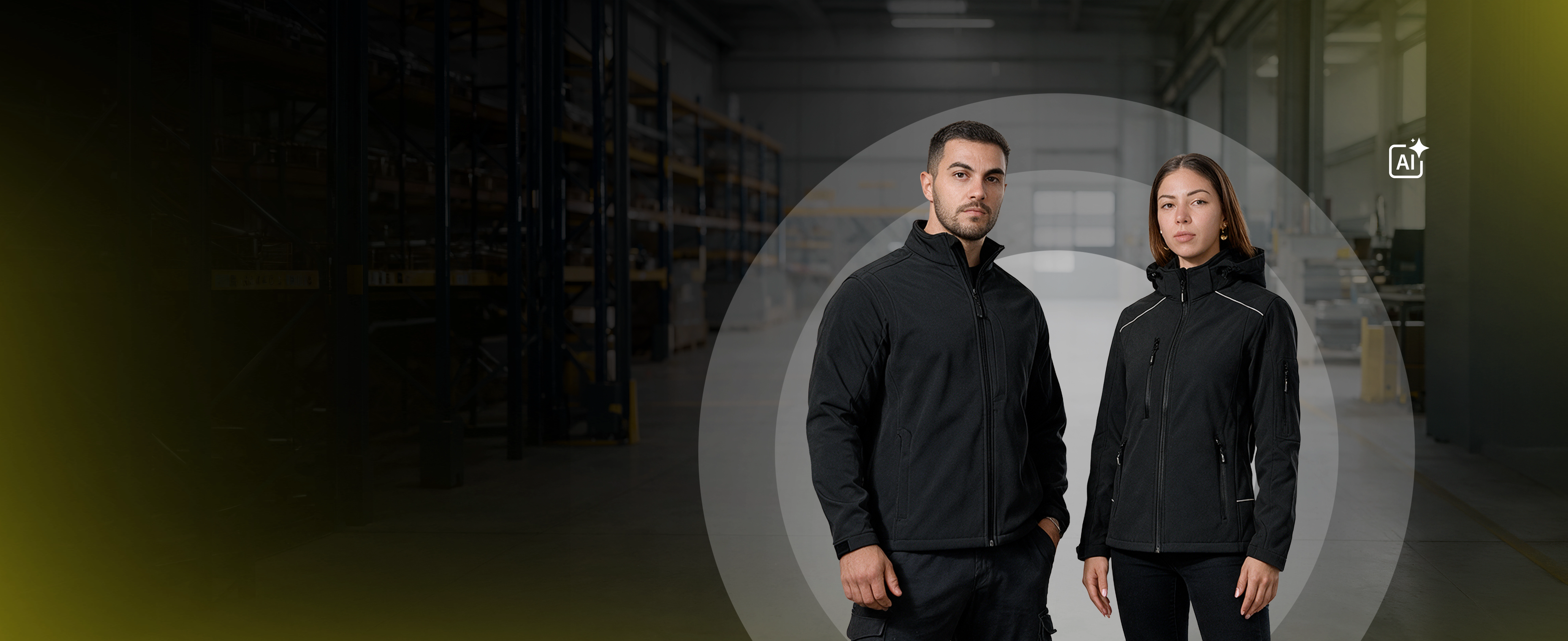 Jacke, Modell trägt schwarze Jacken, Arbeitskleidung, Unisex-Jacke, industrielle Umgebung