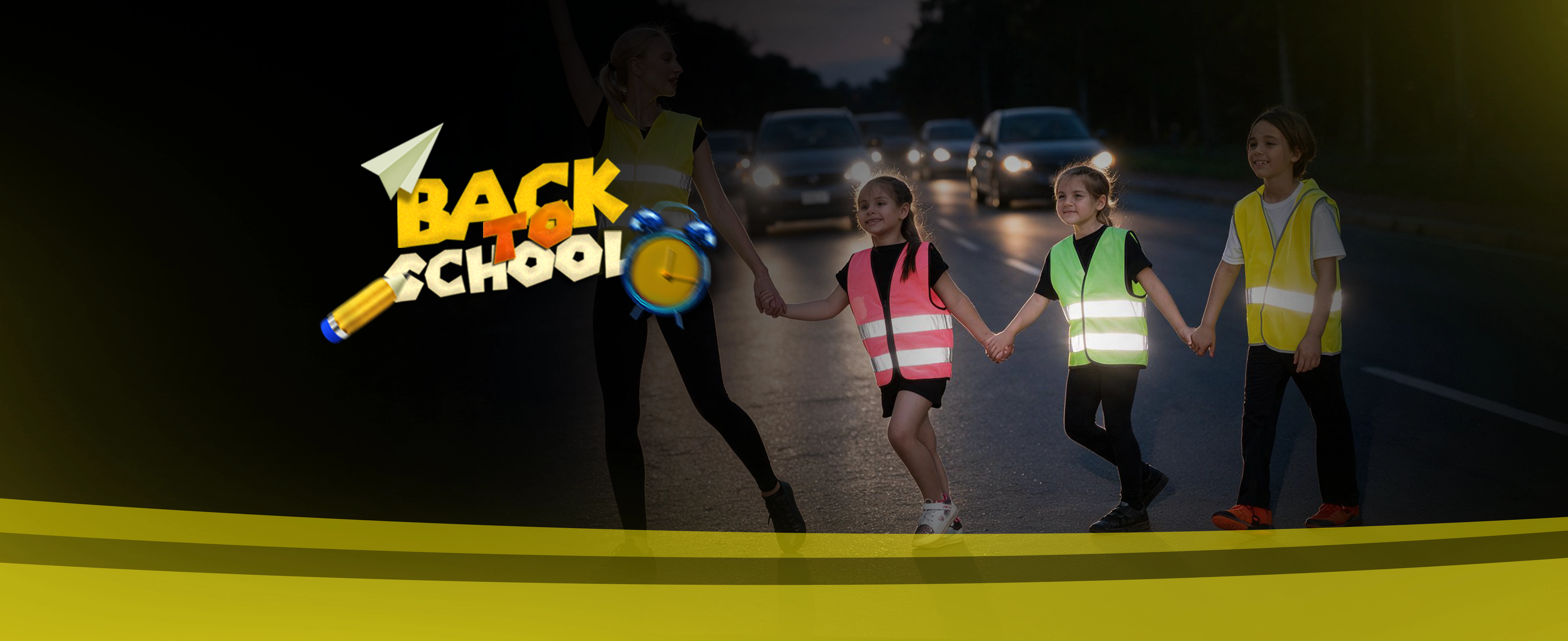 reflektierende Weste, Kinder, Gruppe, Fußgängerüberquerung, Back-to-School