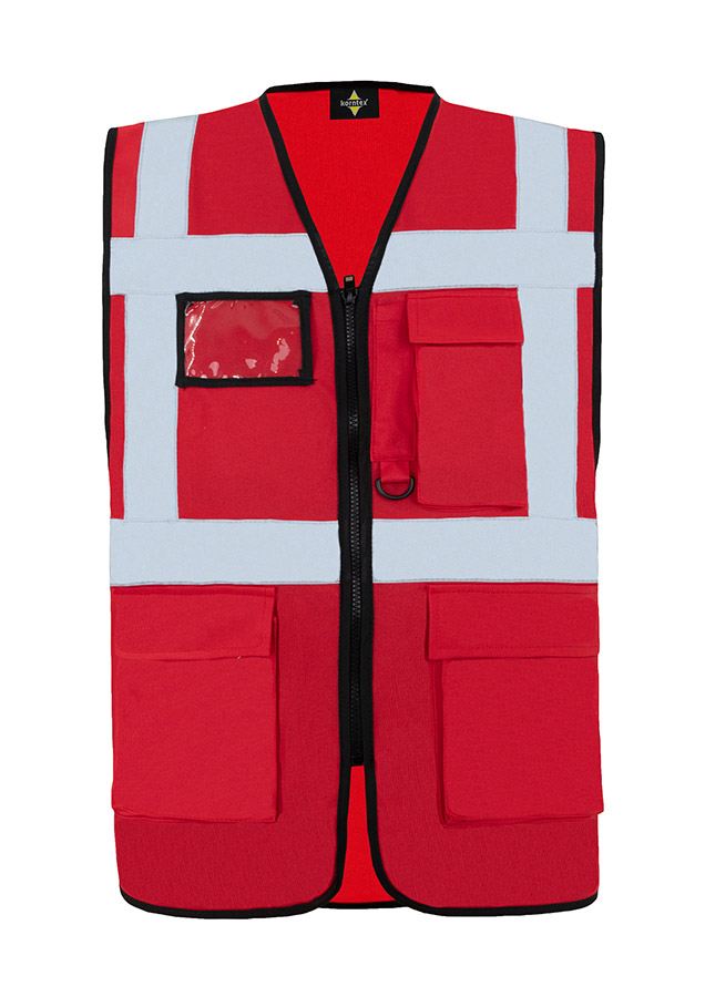 Warnweste, Rot, Reflektierende Streifen, Reißverschluss, Mehrere Taschen