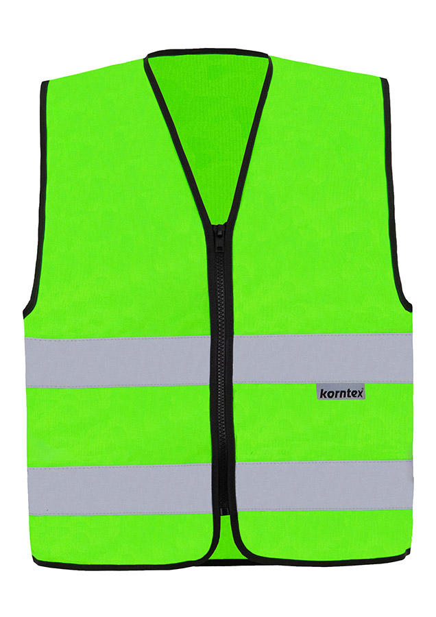 RX217-warnweste-mit-reissverschluss-neongruen-warnwesten-korntex-front, High-visibility vest, Safety vest, Reißverschluss, Reflektionsstreifen, Neon-Grün, hi-vis, Sicherheitsweste, reflektierend, Reißverschluss, Weste