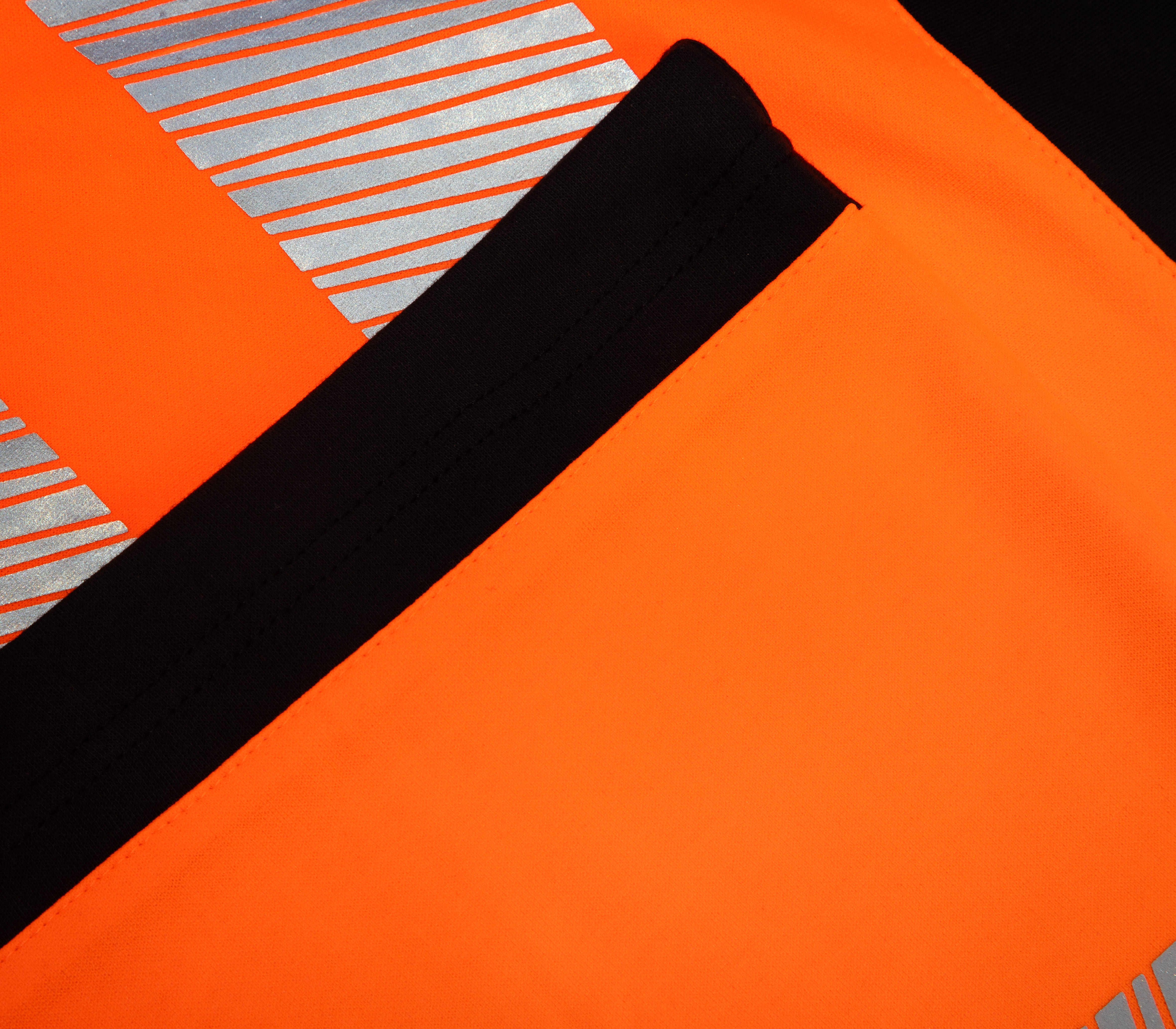 Warnschutzkleidung, Neonorange, Reflektorstreifen, Schwarzer Stoff, Textilgewebe