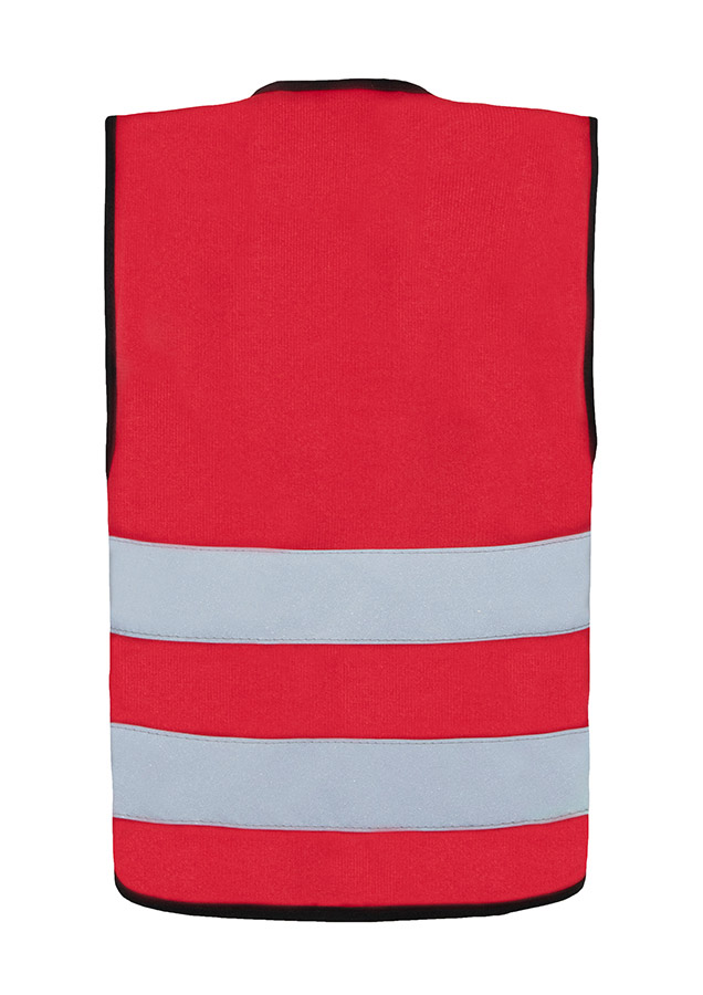 Young smiling girl in signal yellow Korntex safety vest with reflective stripes and zip fastener standing in the park