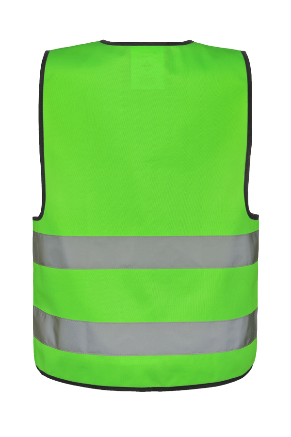 Young smiling girl in signal yellow Korntex safety vest with reflective stripes and zip fastener standing in the park