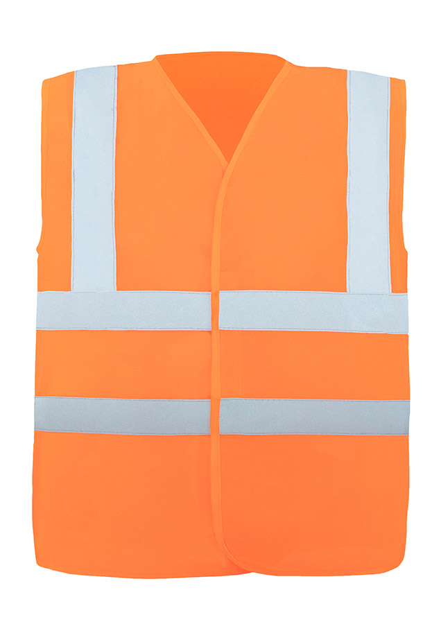 Adult in orange Korntex safety vest with four reflective stripes standing in an industrial environment