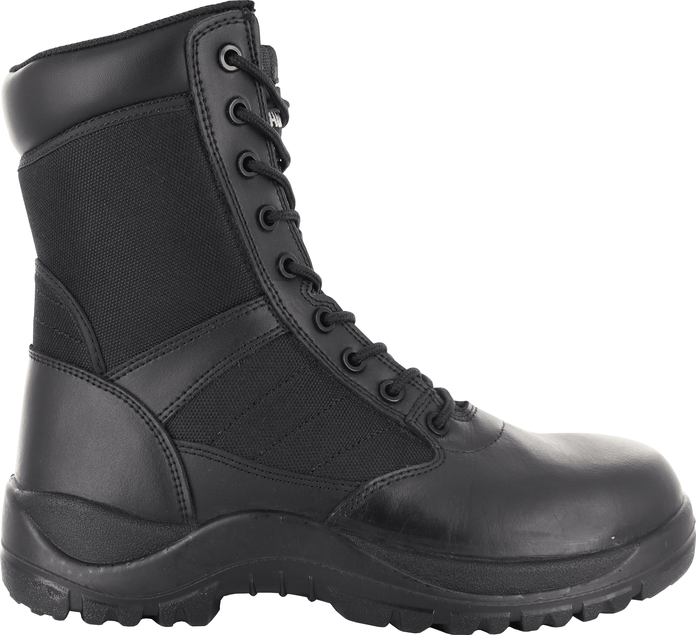 Schwarzer Stiefel, Schnürstiefel, hoher Schaft, Textil und Leder, Profilsohle
