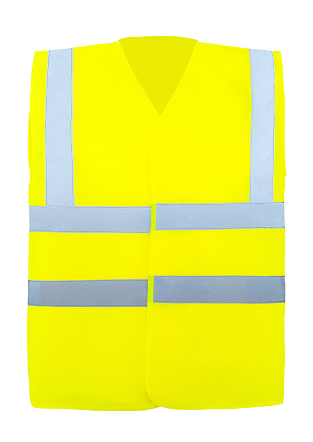 Adult in orange Korntex safety vest with four reflective stripes standing in an industrial environment