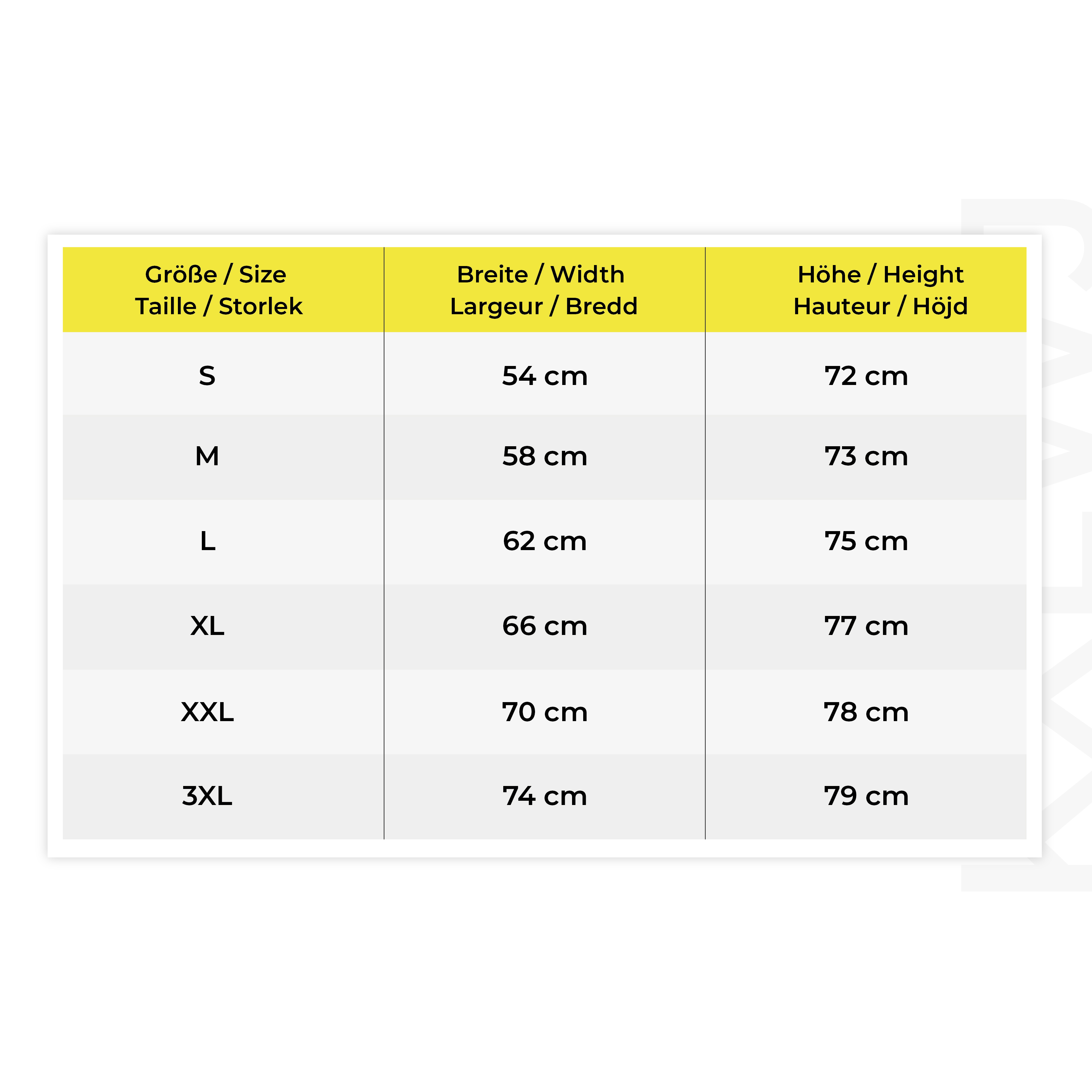 size chart, tabelle, abmessungen, maße, größen
