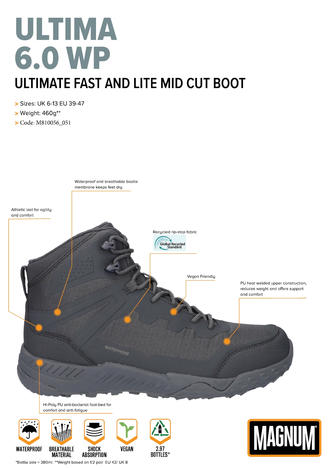 Hiking-Stiefel, Mid-Cut-Stiefel, Wasserdicht, recycelte Materialien, Gummi-Laufsohle